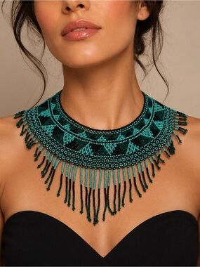 Beaded Fringe Statement Necklace - Turquoise & Black